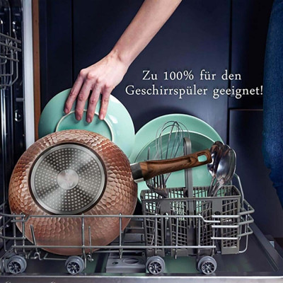 Wok-Pfanne abnehmbarer Holzoptik-Griff Deckel Ø32cm Antihaftbeschichtung Aluguss