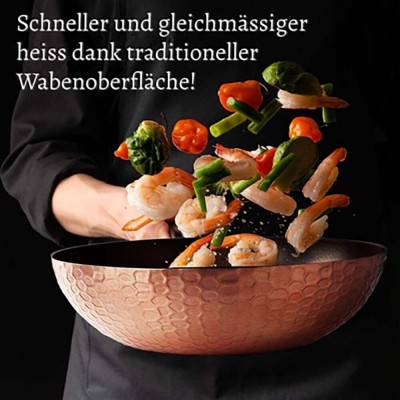 Wok-Pfanne abnehmbarer Holzoptik-Griff Deckel Ø32cm Antihaftbeschichtung Aluguss