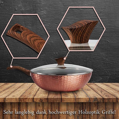 Wok-Pfanne abnehmbarer Holzoptik-Griff Deckel Ø32cm Antihaftbeschichtung Aluguss