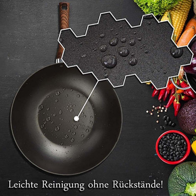 Wok-Pfanne abnehmbarer Holzoptik-Griff Deckel Ø32cm Antihaftbeschichtung Aluguss