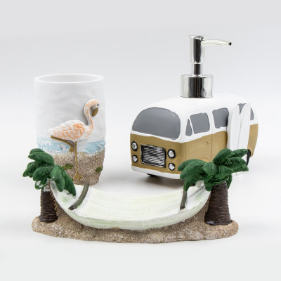 3-tlg. Badezimmer-Accessoires-Set "Malibu“ Seifenspender, Becher,Handbemahlt