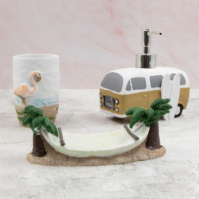 3-tlg. Badezimmer-Accessoires-Set "Malibu“ Seifenspender, Becher,Handbemahlt