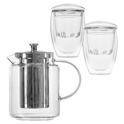 Tee-Set Glas-Teekanne 1L Edelstahlsieb und 2 doppelwandige Glas-Teetassen 350 ml