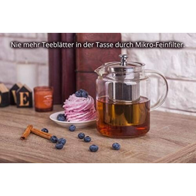 Tee-Set Glas-Teekanne 1L Edelstahlsieb und 2 doppelwandige Glas-Teetassen 350 ml