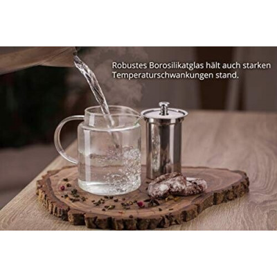 Tee-Set Glas-Teekanne 1L Edelstahlsieb und 2 doppelwandige Glas-Teetassen 350 ml