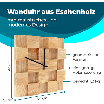 Wanduhr aus edlem Eschenholz Modernes, Minimalistisches Design als Dekoration oder als Geschenk - EIN Vintage Schmuckstück