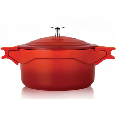 Topf mit Deckel 4,5 L, Aluguss mit Antihaftbeschichtung rot abnehmbare Griffaufsätze Kasan Kochtopf Kasserolle Induktion