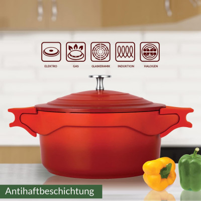 Topf mit Deckel 7,5 L, ⌀28cm Aluguss mit Antihaftbeschichtung rot abnehmbare Griffaufsätze Kasan Kasserolle Kochtopf Induktion