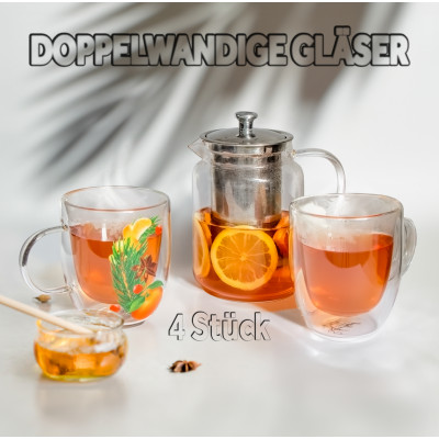 Doppelwandiges Glas 4-er Set Thermogläser mit Motiv Kaffee Tee Latte Getränke Geschenkidee Weihnachten Aroma der Feier