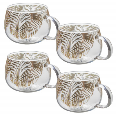 Glasbecher Trinkglas 400ml Design „Tropic“ 4-er Set bauchige Gläser stillvoll Transparent-Goldfarbe