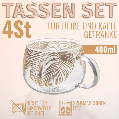 Glasbecher Trinkglas 400ml Design „Tropic“ 4-er Set bauchige Gläser stillvoll Transparent-Goldfarbe