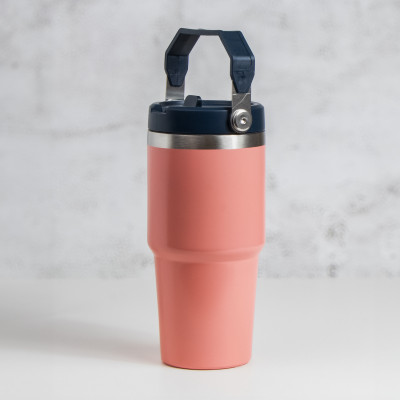 Thermobecher mit abnehmbarem Strohhalm und Tragegriff, 500 ml, Doppelwandiger Edelstahl-Thermobecher, vakuumisolierter Tasse