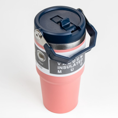 Thermobecher mit abnehmbarem Strohhalm und Tragegriff, 500 ml, Doppelwandiger Edelstahl-Thermobecher, vakuumisolierter Tasse