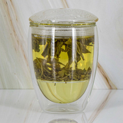 Doppelwandiges Teeglas mit Glassieb und -deckel all-in-one Borosilikatglas 250ml