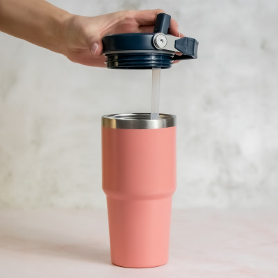 Thermobecher mit abnehmbarem Strohhalm und Tragegriff, 500 ml, Doppelwandiger Edelstahl-Thermobecher, vakuumisolierter Tasse