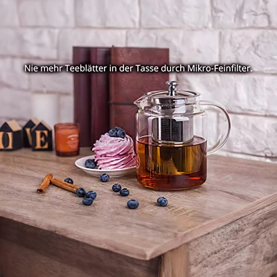 Glaskanne / Teekanne aus Glas mit Siebeinsatz (Edelstahlsieb) und Deckel, 1L