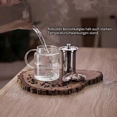 Glaskanne / Teekanne aus Glas mit Siebeinsatz (Edelstahlsieb) und Deckel, 1L