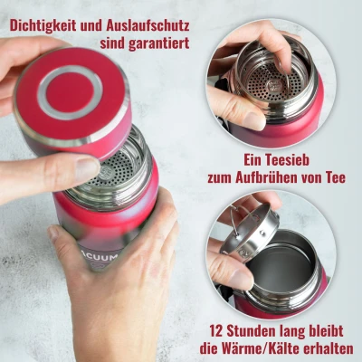 Thermoskanne Thermosflasche 800 ml mit Sieb Edelstahl Isolierkanne Rot